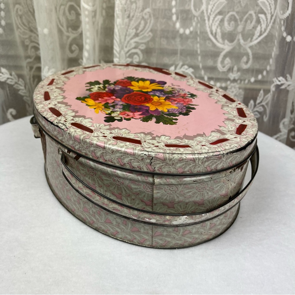 Vintage Metal Biscuit Tin Sewing Basket Lace Eyelet Floral Roses Folding Handles